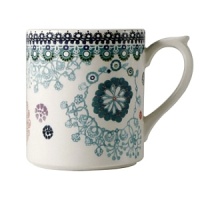 Sultana is a graphic and contemporary design in turquoise, orange, navy, and lavender inspired by laces of the Orient.