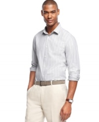 Get in-line with sleek business style with this slim fit striped shirt from Perry Ellis.