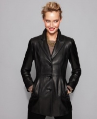 Jones New York's leather jacket features rich, supple leather with a luxurious feel. The seamed construction gives it a fabulous fit and a touch of modern edge.