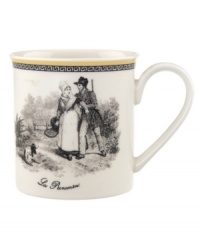 Mix and match, choosing from four patterns of black-and-white French country scenes and designs on white porcelain banded in yellow.