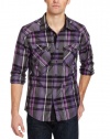 Marc Ecko Cut & Sew Men's Chambray Plaid/Solid Poplin Woven Shirt, Purple, Medium