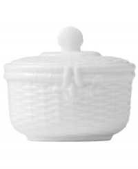 Nantucket Basket is a fine, all-white Wedgwood china dinnerware and dishes pattern with an embossed basket-weave pattern on the edges. Item not shown.