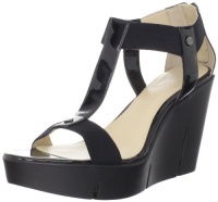 Calvin Klein Women's Maribeth Two Tone Patent/Elastic Wedge Sandal,Black Patent,7.5 M US