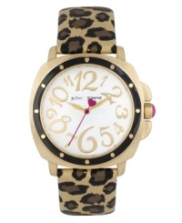 Untamed fashion, by Betsey Johnson. With leopard print and quirky numerals, this watch adds sass to your everyday look.