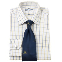 Savile Row Mens Navy Yellow White Tattersall Check Regular Fit Dress Shirt Single Cuff