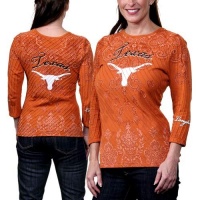 NCAA Texas Longhorns Ladies Allover Three Quarter Sleeve Rhinestone T-Shirt - Burnt Orange (Medium)