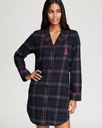 Flaunt your feminine side in Lauren Ralph Lauren's boyfriend-style sleep shirt with all-over plaid and pops of pink.