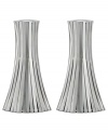 Always shining, the Silver Vertical Bound candlestick from Donna Karan Lenox is wrapped in long metal channels that overlap to create a simple cone shape.