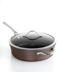 Just right. The perfect kitchen companion, this elegant bronze piece features multiple layers of nonstick technology, a hard-anodized construction and stay-cool handles for an unrivaled combination of professional performance and everyday ease. Deep enough to braise meat, saute seafood, simmer pasta and more. Lifetime warranty.