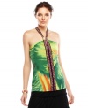 Inspired by the colorful style of Brasil, this Calvin Klein halter top feature a bold leaf-print for a bright summer look!