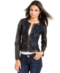 All hail the mixed-media layer! Baby Phat serves up trend-right style with a lace-covered jacket that mixes faux-leather and denim in the coolest way.