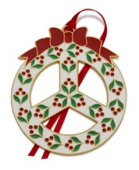 Send a message with this special Wallace peace ornament. Trimmed in cheery gold plate and enamel holly, it's a wreath that deserves a prominent place in every holiday home. (Clearance)