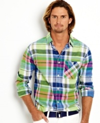 Brash casual. Pair this colorful plaid shirt from Nautica with a fresh pair of chinos for a standout style.