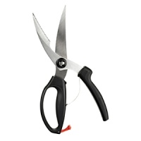 The GOOD GRIPS Poultry Shears by OXO perfectly combine professional-quality cutting and soft, comfortable grips. The curved, tapered and micro-serrated blades access hard to reach places and prevent slipping. The handle loop and bolster prevent your hand from slipping forward while cutting, and the spring-loaded handle prevents hand strain.