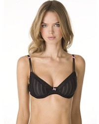 A textured underwire bra with molded cups, lace trim and a small bow detail in the center front. Adjustable double straps. Hook and eye closure. Style#723100