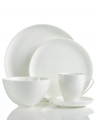 Echoing the feel of hand-thrown pottery, the contemporary Spin 5-piece place settings from Sasaki's collection of white dinnerware boasts a subtle spun etching, giving each piece its distinctive character. (Clearance)