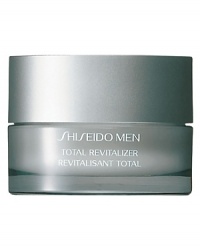 Shiseido Men Total Revitalizer. A high-performance cream that energizes skin and accelerates its ability to defy dryness, dullness, fine lines, and other visible signs of aging. Maximizes skins natural power to preserve its vitality. Reduces signs of damage for a more youthful look and brings new life to fatigued skin. Formulated with Damage Defense Complex, skin-invigorating botanicals and a Vitamin E derivative. Preserves moisture levels in skin for 24 hours. Recommended for all skin types. Apply to face after cleansing or shaving.