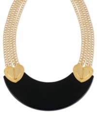 Bold and beautiful, this multi-chain bib necklace from Betsey Johnson is crafted from gold-tone mixed metal, with a black bib and gold-tone heart details. Approximate length: 21 inches + 3-inch extender. Approximate drop: 1-9/10 inches.