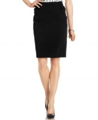 Nine West puts a stylish twist on the traditional pencil skirt, adorning it with a wide waistband with ruching at the sides. Tuck in your top to show it off!