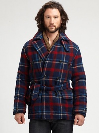 Rugged meets refined in this warm double-breasted coat, crafted from sumptuous Italian wool and accented with multiple pockets and a classic plaid pattern for enduring cold-weather style.Button-frontChest welt, waist flap pocketsSelf-tie waist beltFully linedAbout 33 from shoulder to hem80% wool/20% nylonDry cleanImported