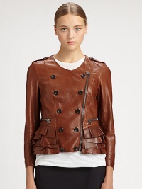 Tap into the feminine aesthetic with this supple leather jacket, styled with a double-breasted front, tiered ruffle hem and motorcycle-inspired details. RoundneckEpauletsDouble-breasted button frontAsymmetrical zipperLong sleeves with zip cuffsZippered slash pocketsTiered ruffle hemSilk liningLeatherDry clean with leather specialistImported of Italian fabricModel shown is 5'10 (177cm) wearing US size 4.