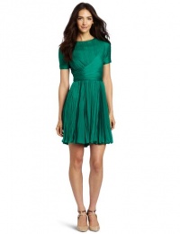 Halston Heritage Women's Short Sleeve Crewneck Pleated Dress, Emerald, 4