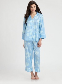 Romantic flowers decorate this classic pajama set in ultra-soft cotton sateen. Notch collarDropped shouldersLong sleevesButton frontContrast piping at neckline and cuffsElasticized waistbandInseam, about 26CottonMachine washImported