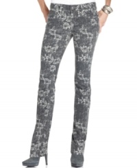 Earl Jeans' printed petite skinny denim features a charming print against a tough-girl grey wash!