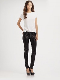 Textured, high-shine finish gives these leggings-style skinnies a leather-like look. THE FITRise, about 7Inseam, about 31Leg opening, about 10½THE DETAILSButton closureZip flyFive-pocket styleSupima cotton/cotton/modal/polyurethaneMachine washMade in USA of imported fabricModel shown is 5'11 (178cm) wearing US size 4.