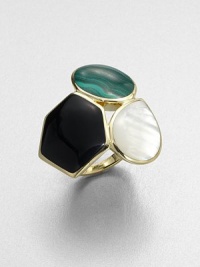 From the Polished Rock Candy Collection. A cluster of three, contrasting semi-precious stones in various shapes set in radiant 18k gold. Malachite, black onyx and mother-of-pearl18k goldImported