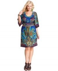 Get spotted this season in One World's three-quarter-sleeve plus size dress, showcasing a mixed print!