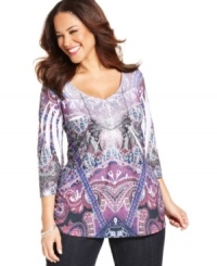 Punch up your casual look with One World's sublimated-print plus size top!