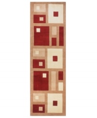 This long runner is ideal for hallways and entryways. A striking cubistic design in red, ivory and creme creates an abstract rug with refined elegance. A beige backdrop complements the geometric pattern with an absorbing color contrast, which completes the rug with a chic, contemporary finish. Hand-tufted and hand-carved of plush wool.