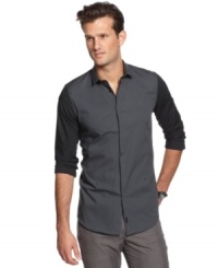 You've hit the weights now get dressed for dates with this slim-fitting colorblocked shirt from Calvin Klein. (Clearance)