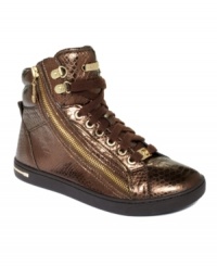 Such a fancy pair of everyday kicks. MICHAEL Michael Kors' Zip high-top sneakers feature a lace-up closure and shiny metallic detail along the toe.