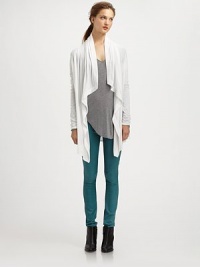 From the HELMUT capsule collection. Whisper-weight jersey cardigan with a draped front pairs perfectly with your favorite colored skinnies. Open draped frontLong sleevesRuched cuffsAbout 34 from shoulder to hem80% modal/20% nylonDry cleanMade in CanadaModel shown is 5'9 (176cm) wearing US size Small.