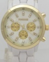 Finesse Quartz Chronograph Look White Plastic Band Gold Case with Rhinestone