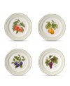 Your table comes to life! Four complementary antique prints add classic character to white porcelain accent plates with evergreen trim.