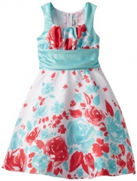 Rare Editions Girls 7-16 Floral Border Print Shantung Dress, Aqua/Coral, 8