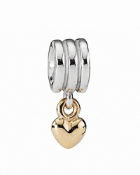 A 14K gold heart dangles from a shiny sterling silver ring. Charm by PANDORA.