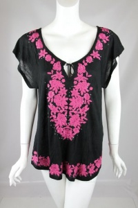 INC International Concepts Womens Black Pink Embroidered Top P L