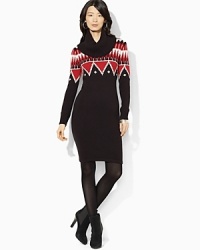 Rendered in a soft cotton-wool construction, a cowlneck sweater dress is inspired by the Beacon prints of the Southwest.