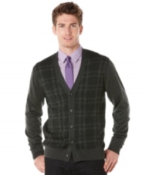 A great way to sharpen your style is with this smart plaid cardigan sweater from Perry Ellis.