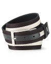 This reversible belt covers the bases: Wear the leather side at work and, after you punch out, flip it over for a stripe preppy look to match your casual jeans.