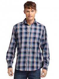 THE LOOKPlaid designShirt collarFront button closureLong button cuff sleevesU-shaped hemTHE MATERIALCottonCARE & ORIGINMachine washImportedThis item was originally available for purchase at Saks Fifth Avenue OFF 5TH stores. 