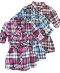 Fashionably trendy and super cute belted plaid tunic by Planet Gold.