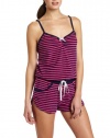 Betsey Johnson Women's Yarn Dye Baby Terry Romper, Going On Stripe Strawberry Flip/Navy Seals, Large