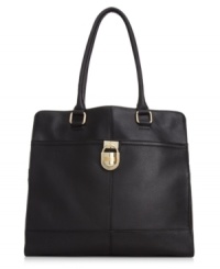 Elegant and understated but big on style, this city-sleek silhouette from Calvin Klein epitomizes exquisite accessorizing. Crafted from sumptuous leather with golden detailing, it's ideal for the lady about town.