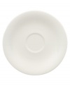 Fresh modern from Villeroy & Boch dinnerware. The dishes in this set are sheer white china in a clean round shape that inspires simply harmonious dining. A soft fluidity and radiant glaze give this after-dinner saucer quiet elegance and lasting appeal.