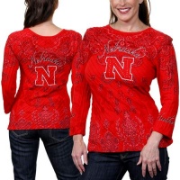 NCAA Nebraska Cornhuskers Women's Allover Three Quarter Sleeve Rhinestone T-Shirt - Scarlet (Large)